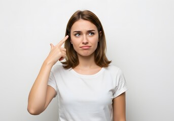 Frustrated woman gestures as if shooting herself in the head, signaling annoyance or discontent on a plain white background.