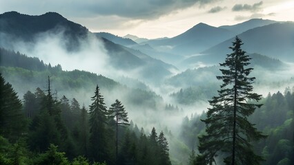 Serene Mountain Landscape with Dense Evergreen Forests, Rolling Hills, and Misty Valleys Under a Cloudy Sky in a Mystical Tranquil Setting