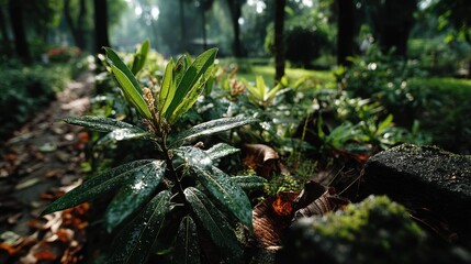 Fototapeta premium a lush green jungle with a leafy green plant in the foreground.stock image