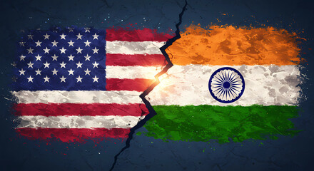 Digital illustration in a graphic style and texture on a deep blue background of the US and Indian flags,