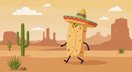 Burrito's Desert Adventure: A whimsical journey across the southwestern landscape, featuring a fun-loving burrito character in a sombrero.