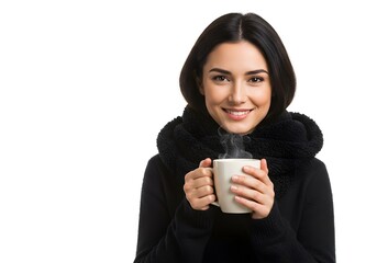 A cheerful woman wrapped in a dark scarf smiles as she enjoys a steaming cup, creating a cozy and comforting atmosphere on a white background.