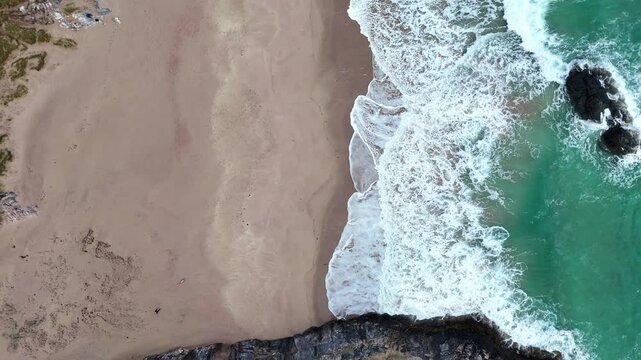 Drone shot of Sango Sands Beach in Scotland