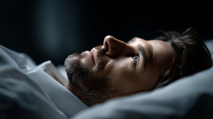 Man with stubble lying in bed looking up in dark room at night time