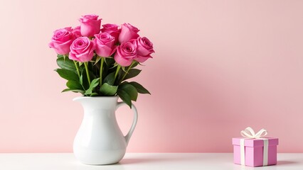Fototapeta premium A white vase filled with pink roses next to a pink gift box.