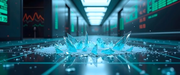 Economic risk concept: Shattered glass under stormy sky symbolizes shifting market and financial disruption. Shattered Glass on Floor with Economic Data in Modern Environment