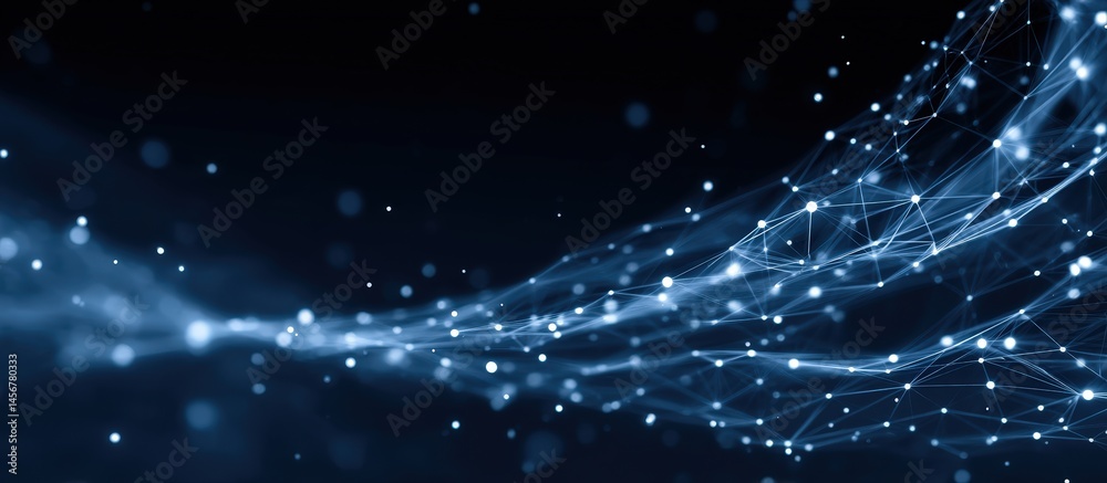 Poster abstract digital network with glowing nodes and connecting lines over a dark background creates a fu