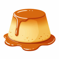 Dessert custard with caramel sauce detail on white background illustration