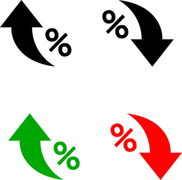 Percent arrow icon. Growth, increase, decrease arrow filled icons. Up arrows, down arrows.
