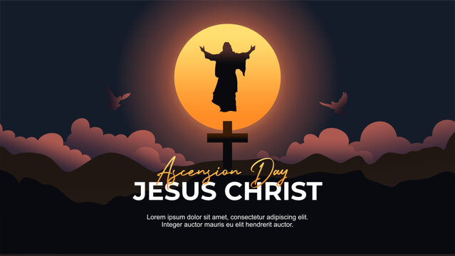 Ascension Day design with Jesus Christ in the sky night horizontal vector illustration. Illustration of the ascension of Jesus Christ with dove and cross for poster, banner, flyer template