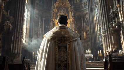 Naklejka premium A Priest in Prayer: Solemnity and Faith within a Grand Cathedral