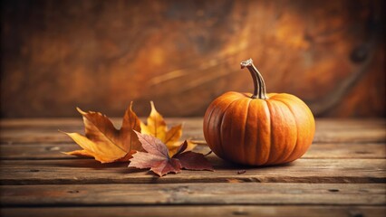 Autumnal Still Life A Rustic Wooden Table Setting Featuring a Small Orange Pumpkin and Vibrant Fall Leaves