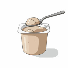 Spoonful of pudding scooped up from a white plastic container on plain backdrop