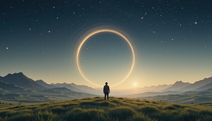 Solitude under a luminous celestial ring.