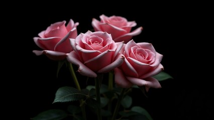 A group of three pink roses on a black background.