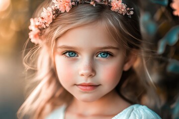 Innocent gaze of a young girl adorned with blossoms in a serene outdoor setting