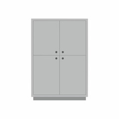Grey cabinets with four doors and knobs against a white backdrop