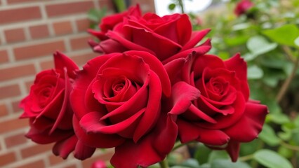 Fototapeta premium A bunch of red roses that are next to a brick wall.