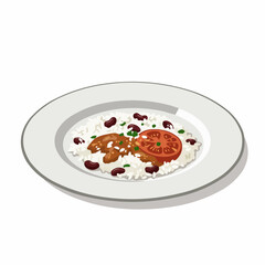 Vector art showing rice, beans, greens, and meat served on a plate