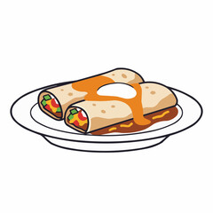 A vibrant, stylized drawing of two generously sauced burrito rolls on a white plate