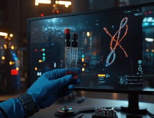 A gloved hand holds two test tubes containing red liquid, in a high-tech lab,  DNA displayed on a computer screen