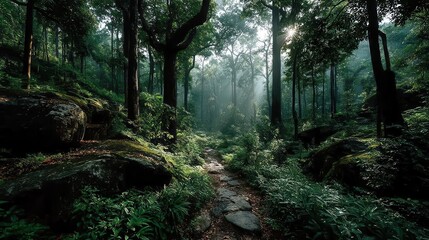 a lush green jungle with sunlight shining through the trees,photo stock