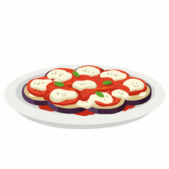 Plate of eggplant parmigiana. Topped with cheese and basil on a plate