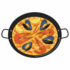 Colorful paella seafood, lemon, rice in a pan, viewed from an angle. Delicious and vibrant