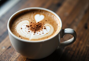 A beautifully crafted latte with heart design and cocoa powder on top
