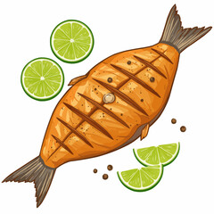 A grilled chicken with lime halves on a white backdrop in a cartoon style illustration