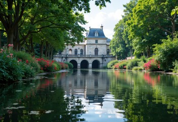 Fototapeta premium Serene view of a historic building reflected in a tranquil pond surrounded by greenery