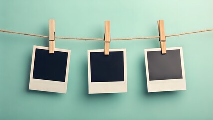 Empty Polaroid Photos Hanging on String Against Blue Wood Background.