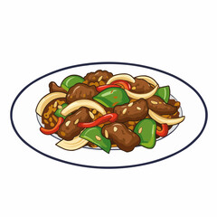 Cartoon style beef with onions and peppers on plate against white background