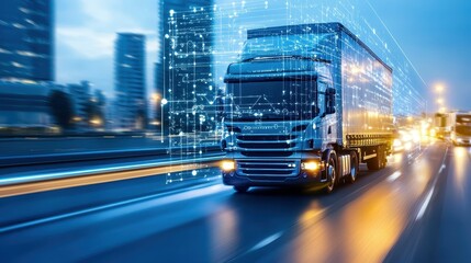 Futuristic truck on the highway with digital technology overlay, symbolizing innovation.