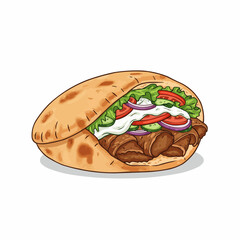 Cartoon pita sandwich with salad, tomatoes, onions, and white sauce filling