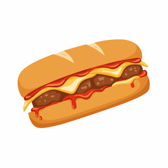 Cartoon sandwich with meatballs, cheese, and tomato sauce on a long roll