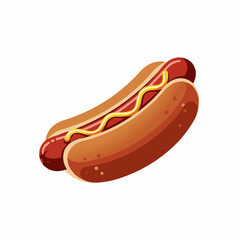 A hotdog in a bun with mustard. The background is white. Graphic style, bright colors