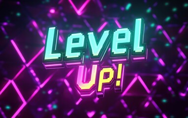 Obraz premium Retro pixel art Level Up video game screen with neon triangles and glowing arcade design