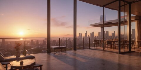 Luxury high-rise condo, breathtaking sunset vista,  skyline, condominium