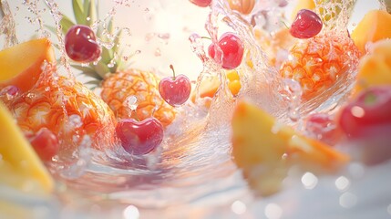 Colorful fruit pieces in a water splash, vibrant display.