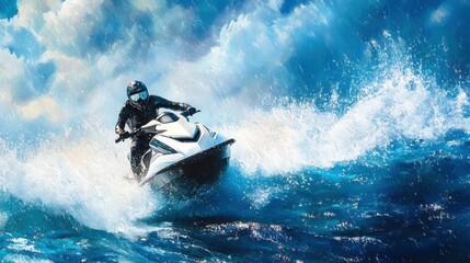 Obraz premium Jet Ski Extreme Ride In Blue Ocean Water, Summer Adventure.