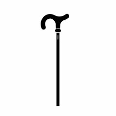 A black cane with a curved handle, simple lines and details on the white background