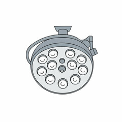 Surgical light drawing, in grey, white background, with detailed lighting fixture and handle
