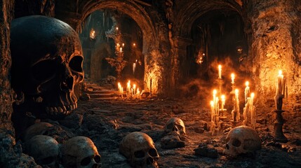 Obraz premium Creepy Skull And Candle Scene. Atmospheric Cave Interior With Human Skulls And Burning Candles For Dark Fantasy Concepts.