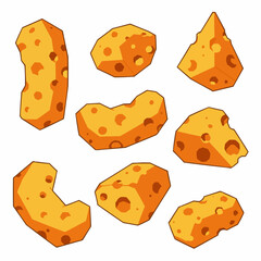 Cartoon style of cheese blocks with different shapes and sizes on the white background