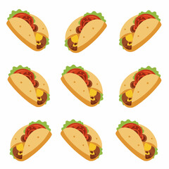 Repeating taco with lettuce, tomato, meat, and cheese inside a tortilla