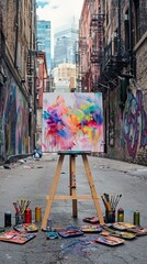 Obraz premium A Vibrant Abstract Painting on an Easel in a Narrow Urban Alley with Art Supplies