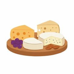 Cheesy illustration of triangle cheeses with holes of various shapes on a wooden board