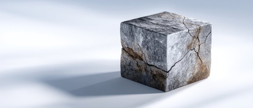 A single, rough stone cube with visible cracks sits on a smooth, light background casting a soft shadow.