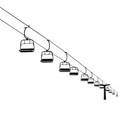 Black and white image of multiple ski lifts suspended from cables on a blank background